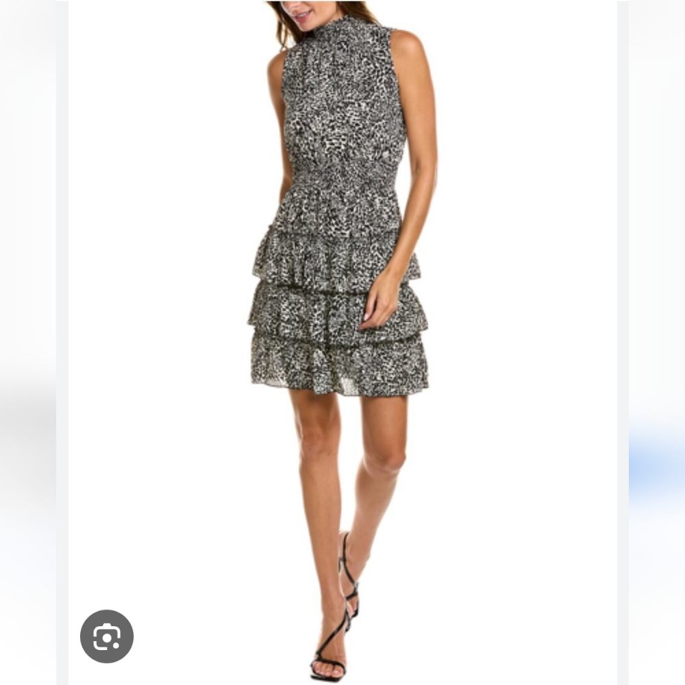 Nanette Lepore Sleeveless Ruffle Tiered  Mini Dress. Black Cream 654-1 Print